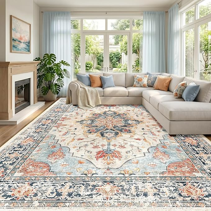 RELEANY Area Rugs Large 9'x12' Washable Non-Slip, Floral Vintage Distress