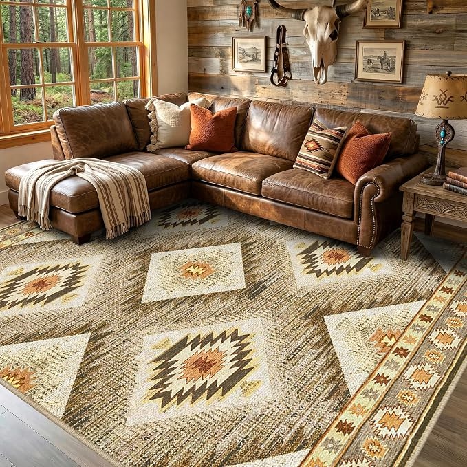 Area Rug 6x9 Rug Machine Washable Non-Slip Low Pile Print Pattern Western Rug