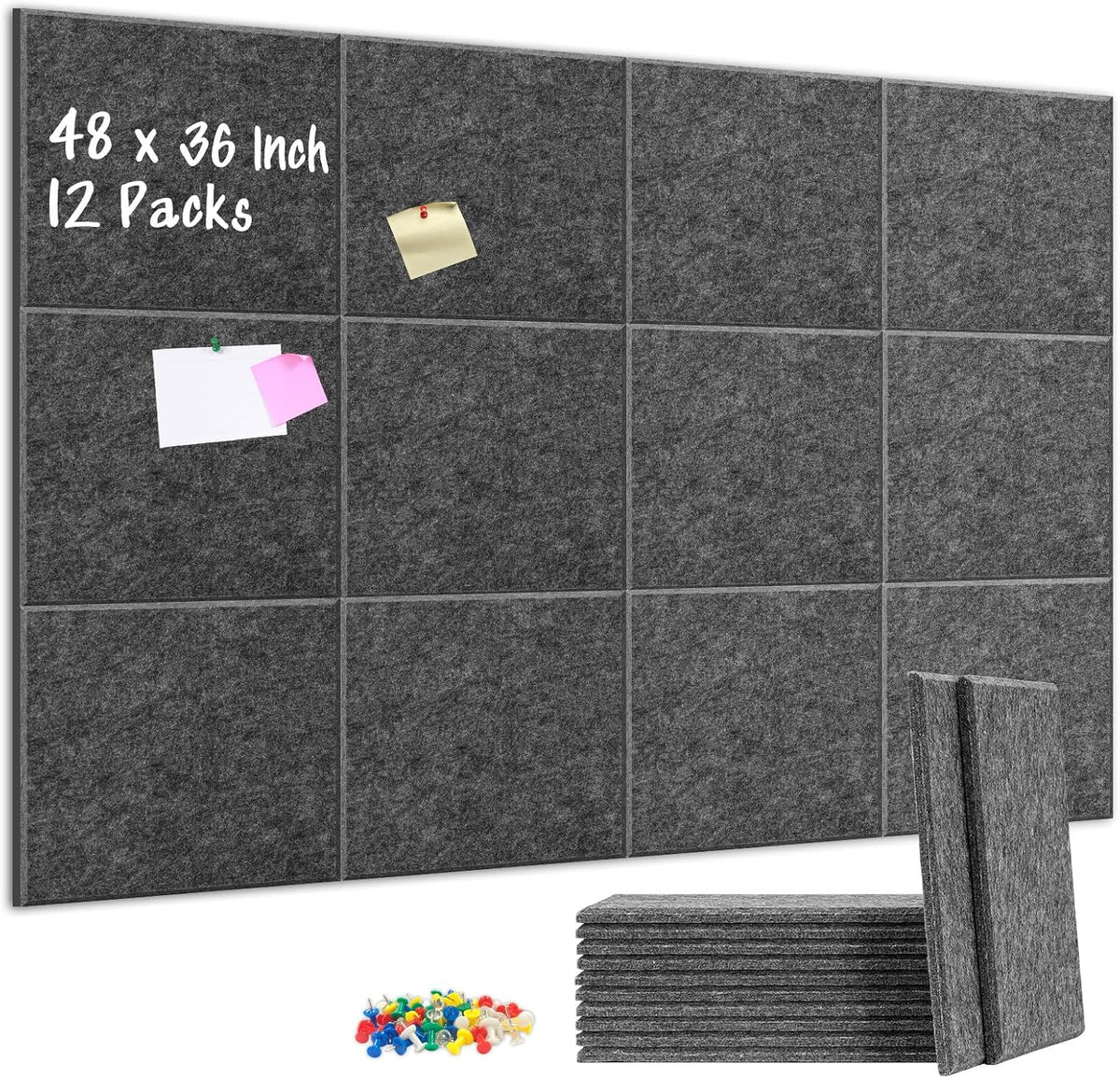 DOLLAR BOSS Felt Cork Board Tiles 48"x36" Bulletin Board, 12 Pcs Dark Grey