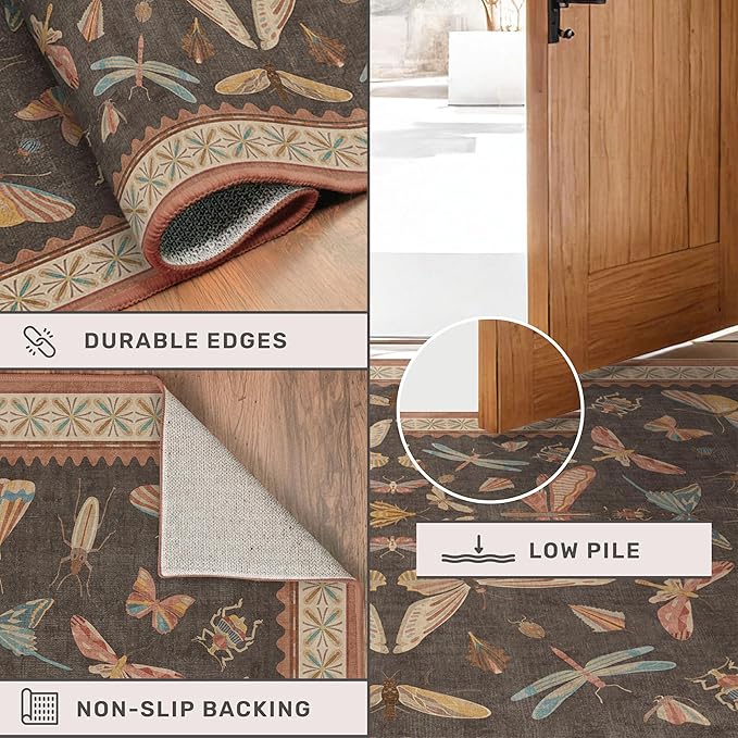 Brown Large 8x10 Living Room Area Rug, Unique Washable Insect Rugs