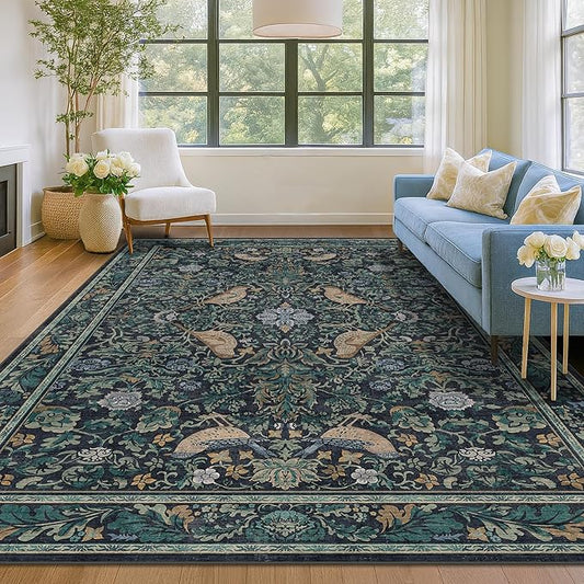Dark Blue and Green Washable 8x10 Area Rugs