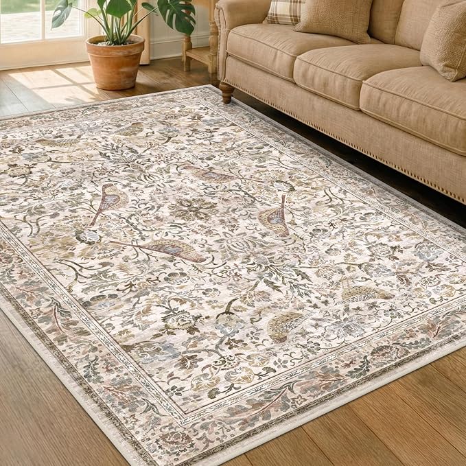 Washable 6x8 Floral Area Rug for Living Room, Boho Farmhouse Dining Room Rug