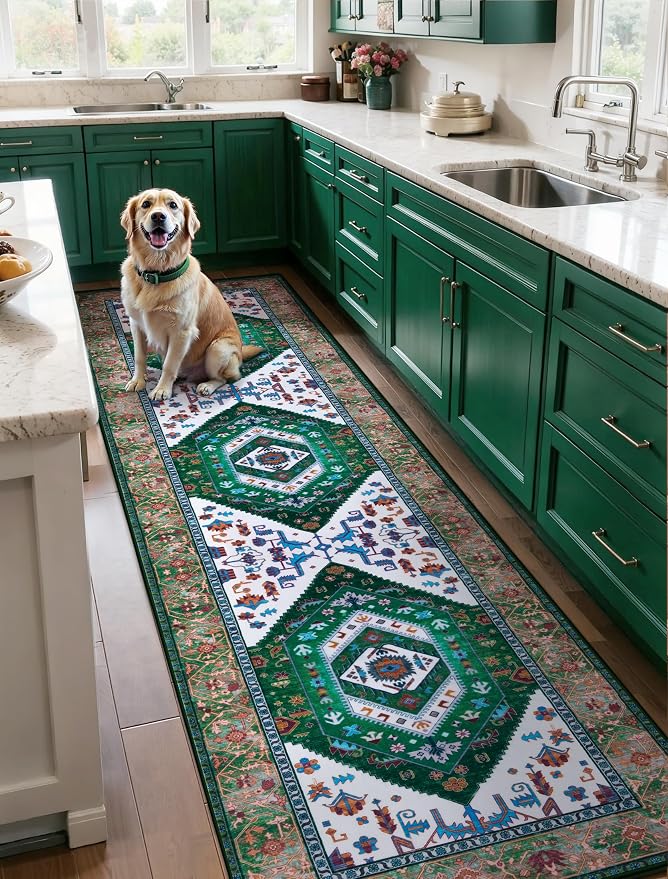 SERISSA Runner Rug for Hallways, Long Boho Rug Vintage Green White Hallway