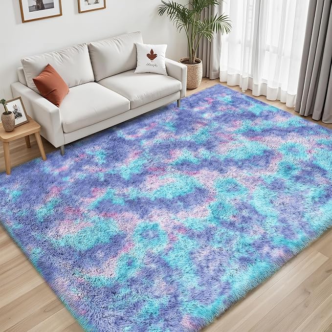 Rainbow Fluffy Rugs for Girls Bedroom: 4x6 Large Shag High Pile Area Rug