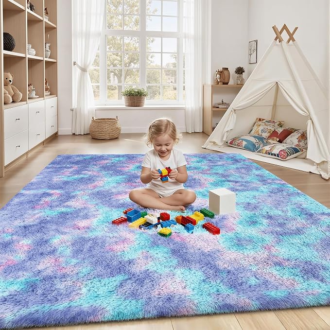 Rainbow Fluffy Rugs for Girls Bedroom: 6x9 Large Shag High Pile Area Rug
