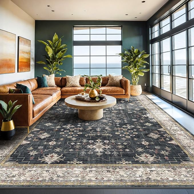 Black Boho Rug for Living Room 9x12