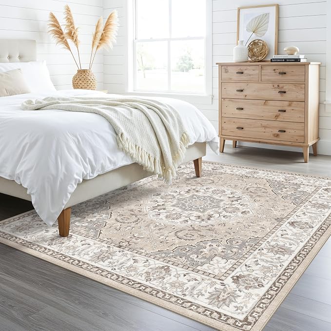 Living Room 8ft Square Area Rug: Machine Washable Large Vintage Soft Rug Stain