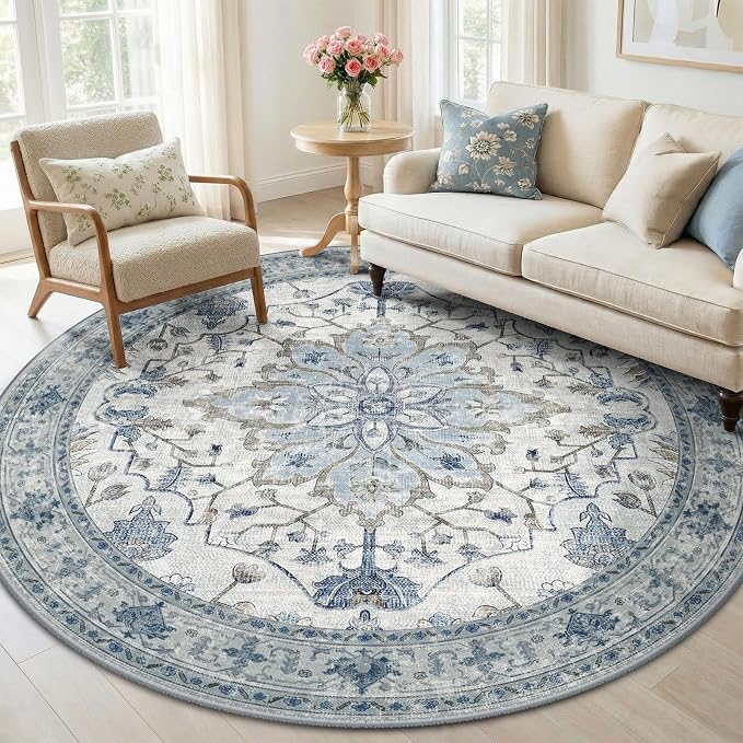 RELEANY Area Rugs Round 5ft Washable Non-Slip, Floral Vintage Distress