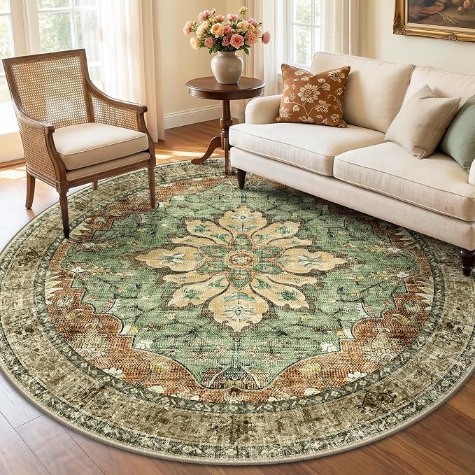 RELEANY Area Rugs Round 6ft Washable Non-Slip, Floral Vintage Distress