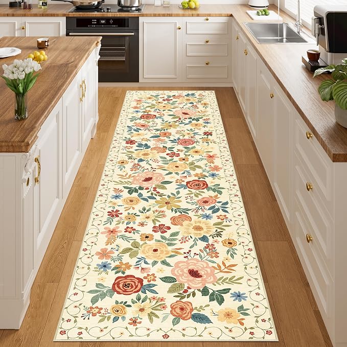 DUKINO Runner Rug for Hallway, 2.6x10 Washable Floral Long Kitchen Rug