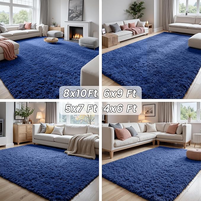 6x9 Area Rugs for Living Room Rug: Soft Fluffy Shag Navy Blue Rugs for Bedroom