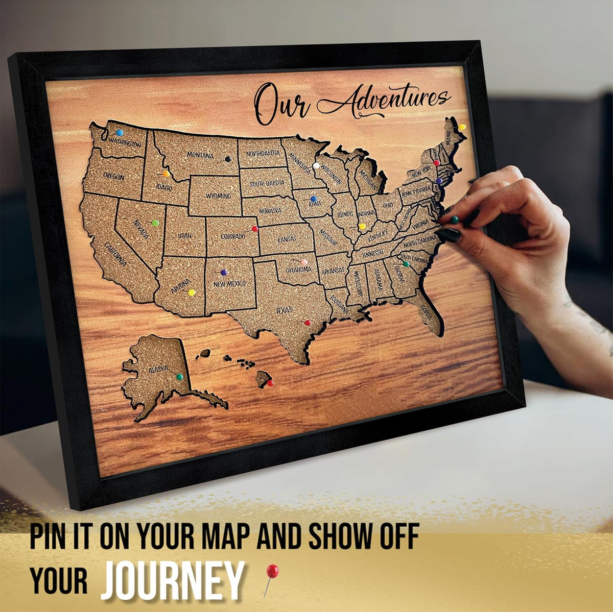 flinelife Cork Board Usa Travel Map With Pins, 13x11, Medium Size, Map of United States, Perfect For Couples and Families Gift