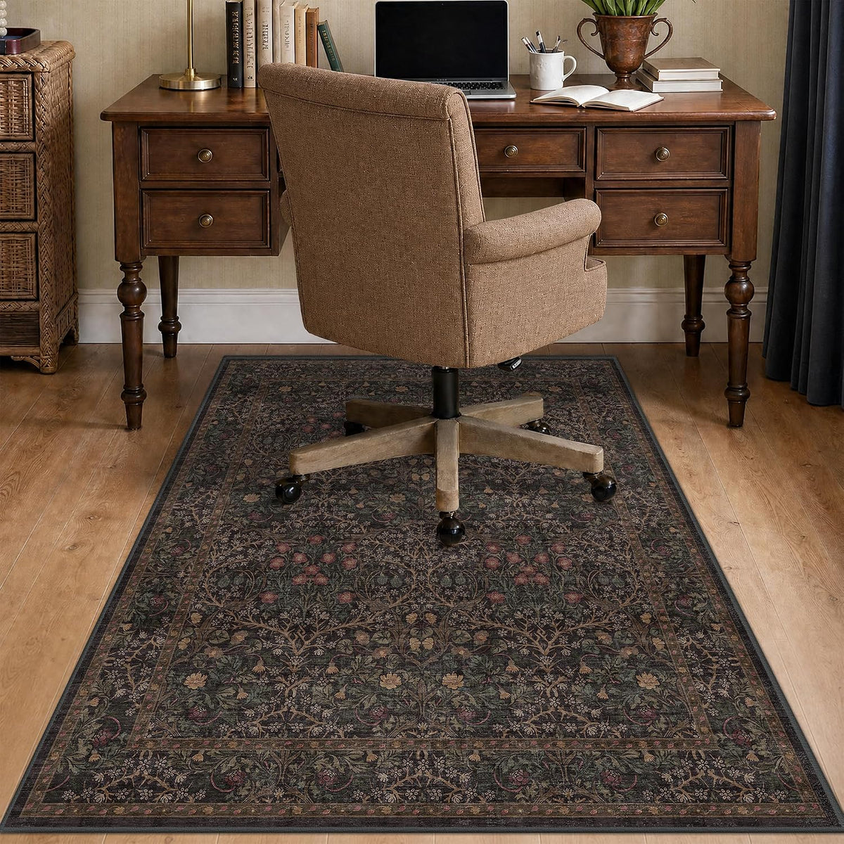 JTJ Office Chair Mat for Hardwood Floors, 36" x 48" Dark Brown Floral Rug