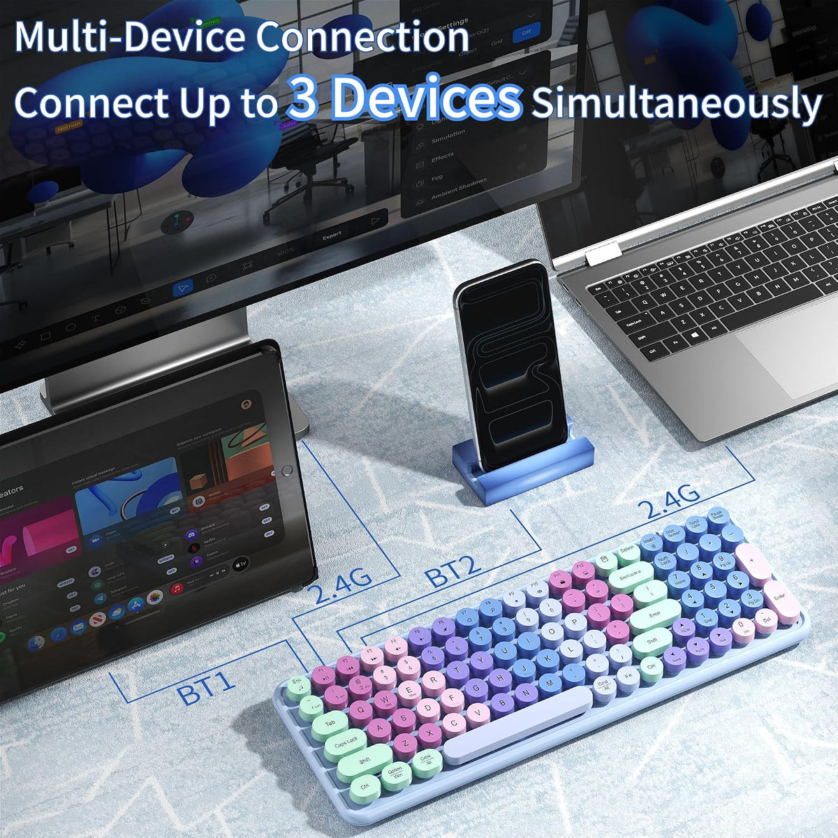 Colorful Wireless Bluetooth Keyboard (Rainbow Purple)