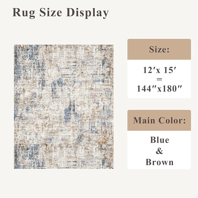 12x15 Area Rug for Living Room – Large Modern Neutral Abstract Thin Washable