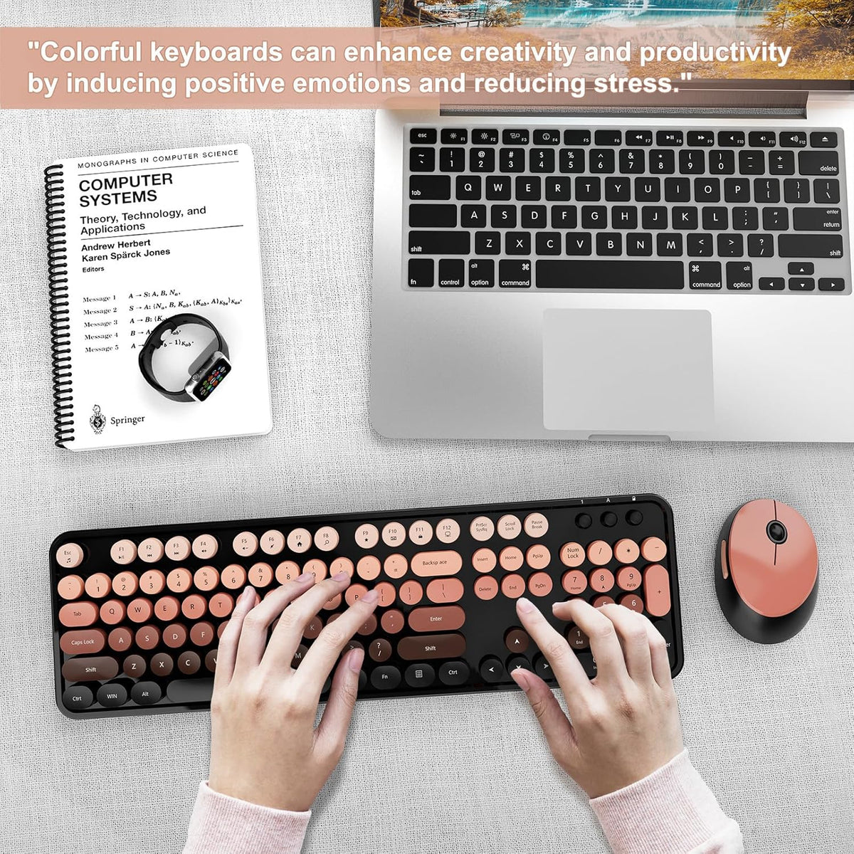 SkyGive Wireless Keyboard and Mouse Combo, Ergonomic Full Size Typewriter Retro Round Keycaps Keyboard, Compatible with Windows, PC, Perfect for Home and Office Keyboards (Aurora Red)