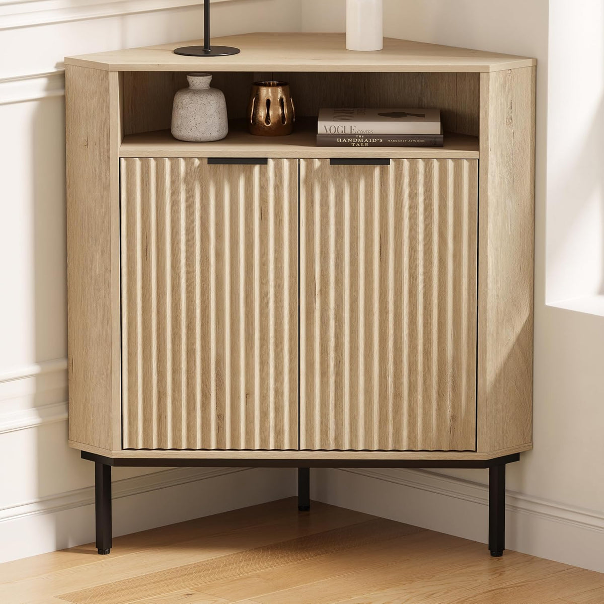 Fluted Corner Cabinet with Storage, Modern Floor Cabinets with Adjustable Shelf & Metal Legs Wooden Narrow Cabinet Organizer for Living Room Kitchen, Light Oak