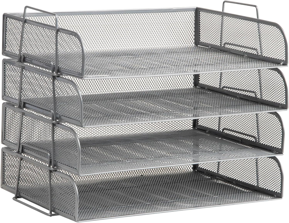 Mind Reader Stackable Paper Tray, Desktop Organizer, File Storage, Office, Metal Mesh, 4 Pcs., Silver