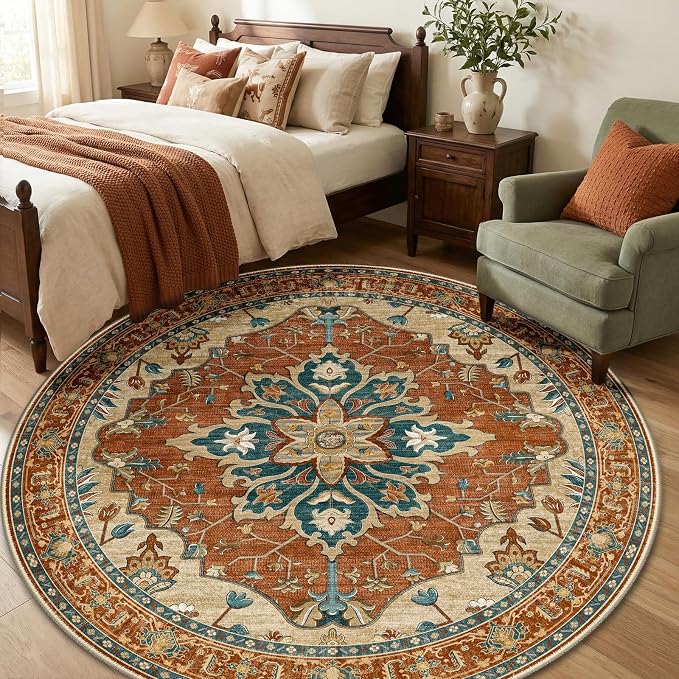 RELEANY Area Rugs Round 6ft Washable Non-Slip, Floral Vintage Distress
