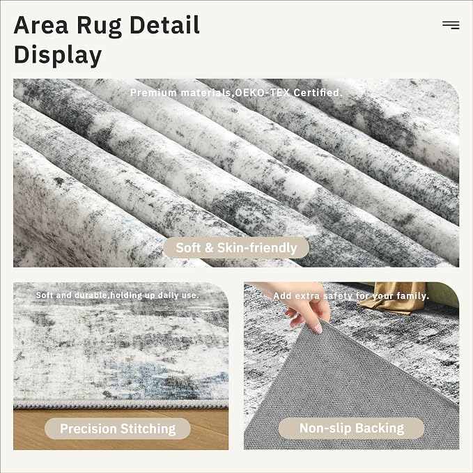 Soalmost Abstract Rug 5x7 Machine Washable Area Indoor Grey Low Pile Non-Slip