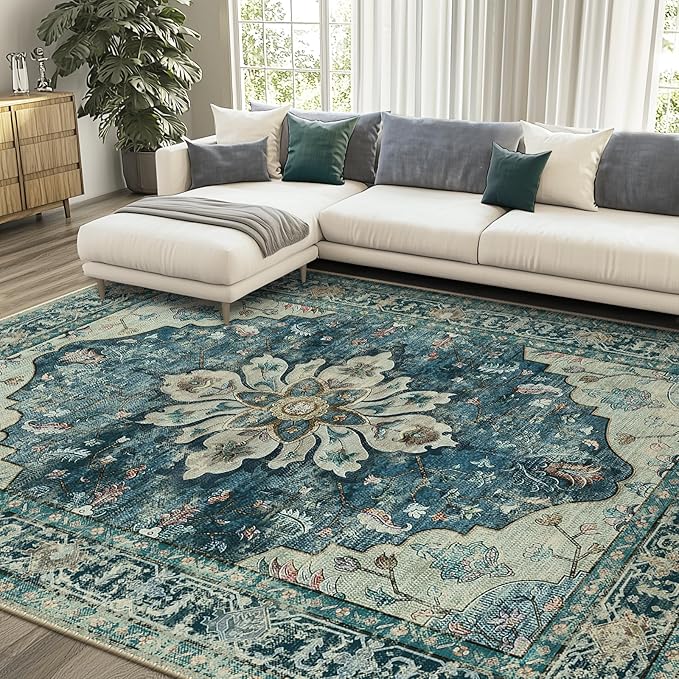 RELEANY Area Rugs 7'x10' Washable Non-Slip, Floral Vintage Distress Medallion