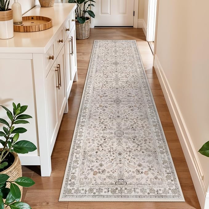 2x10 ft Hallway Runner Rug Washable – Boho Floral Non Slip Long Carpet Runner