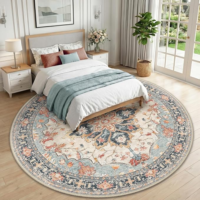 RELEANY Area Rugs Round 10ft Washable Non-Slip, Floral Vintage Distress