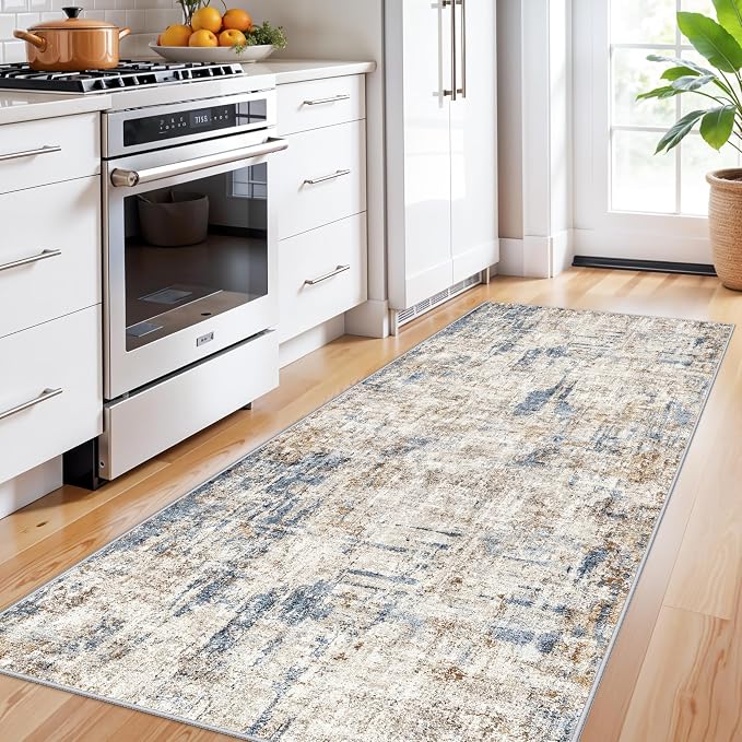 3x8 Washable Non-Slip Runner Rug Modern Abstract Neutral Wide Carpet Runner