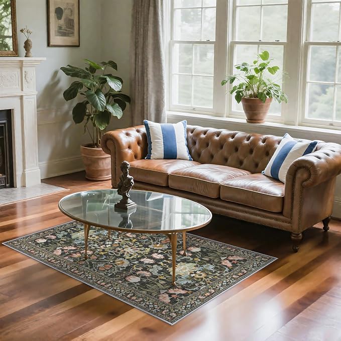 Washable 4x6 Bedroom Rug for Family: Non-Slip Floral Small Carpet for Living