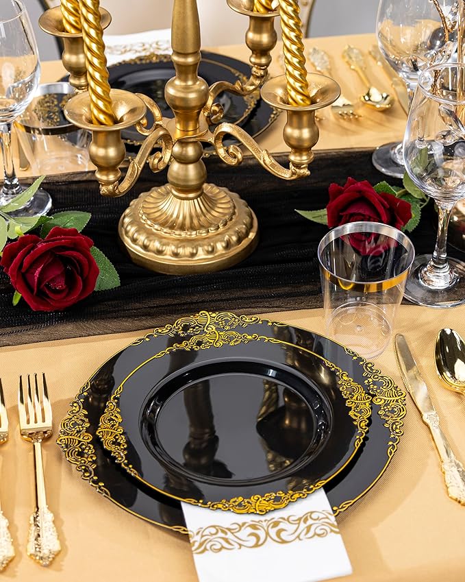 Nervure 350PCS Black Plastic Plates - Black Plastic Dinnerware Sets for 50 Guests - 100 Disposable Plates, 150 Gold Silverware, 50 Cups, 50 Napkins for Wedding & Party & Halloween