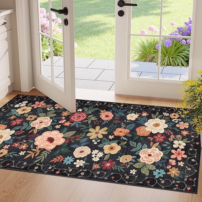 DUKINO 2x4 Rug for Entryway, Washable Kitchen Floral Runner Rug