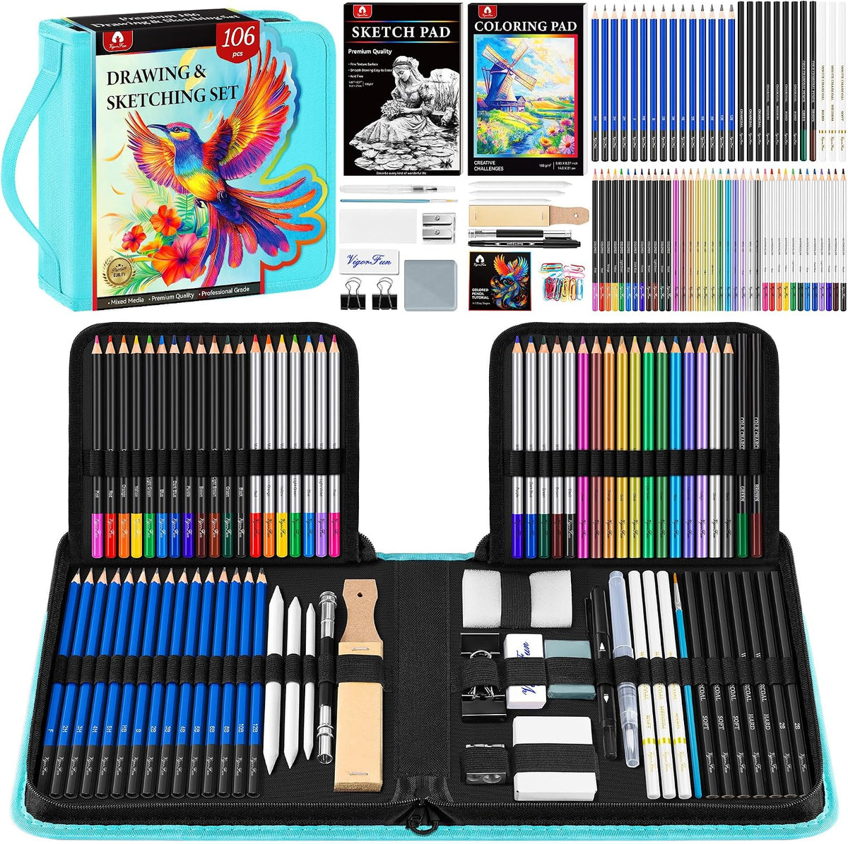 106 PCS Art Supplies Sketching Kit, Pro Drawing Pencils Art Kit Adults Gift