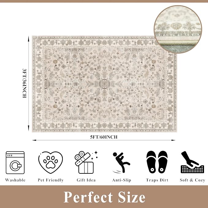 3x5 Kitchen Rug Washable Non-Slip, Soft Low-Pile Thin Door Mat