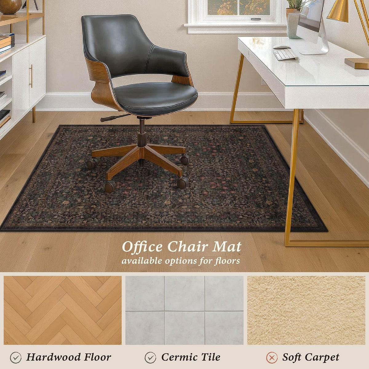 JTJ Office Chair Mat for Hardwood Floors, 36" x 48" Dark Brown Floral Rug