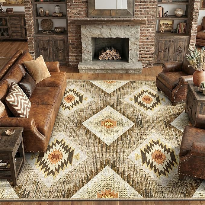 Area Rug 6x9 Rug Machine Washable Non-Slip Low Pile Print Pattern Western Rug