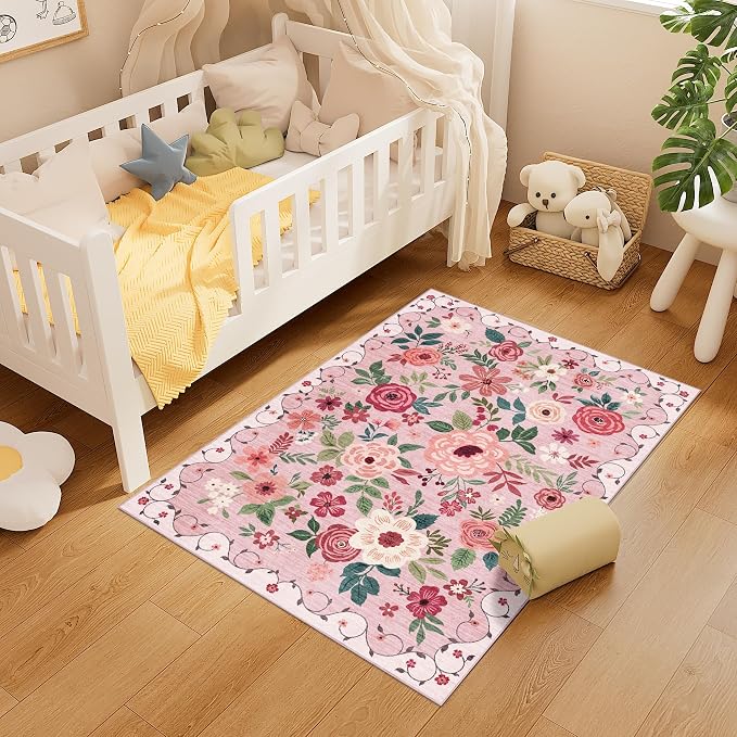 DUKINO 3x4 Area Rug, Lightweight Non Slip Washable Floral Rug, Indoor Low Pile