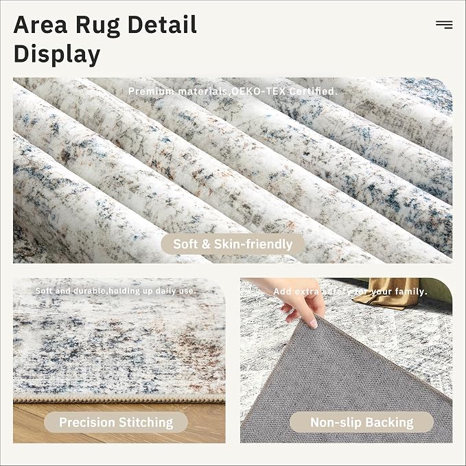 Soalmost 5x8 Area Rugs Blue Ivory Low Pile Indoor Washable Trendy Faded Style