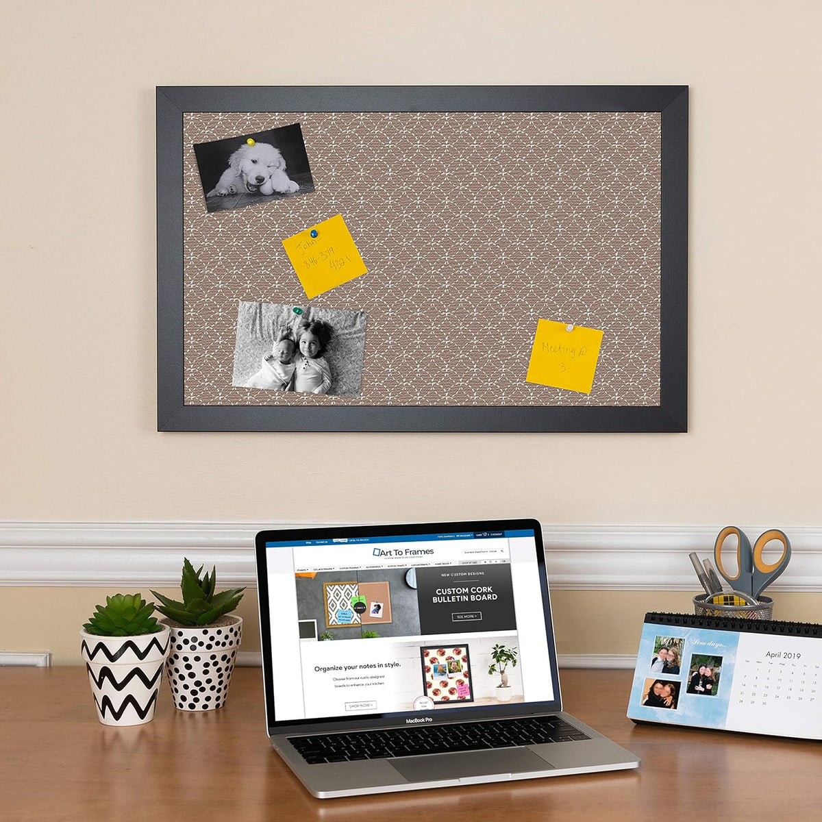 PinPix 24x16 Inch Cork Bulletin Board. This Decorative Framed Pin Board Comes with Brown Circles Design and a Satin Black Frame. Ideal for Home Office Decor or Message Board (PinPix-492)