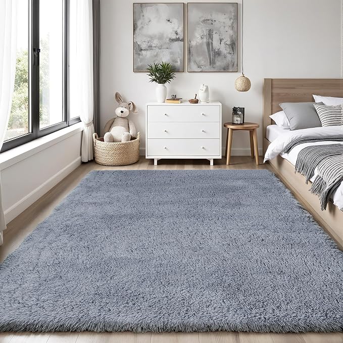 Area Rug for Living Room Bedroom: 6x9 Grey Soft Fluffy Shag Upgrade Non-Slip