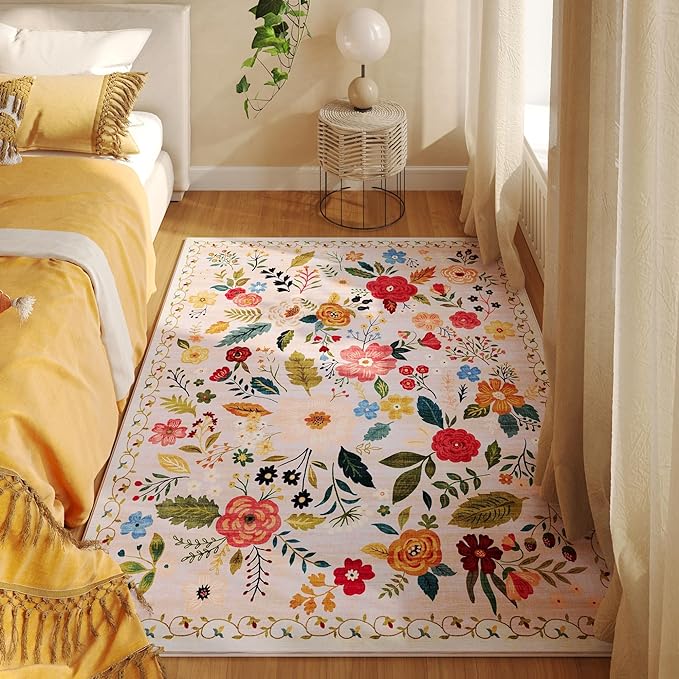 Rugcomf Bedroom Rug 3x5 Rug Washable Area Rug Non Slip Low Pile Boho Floral