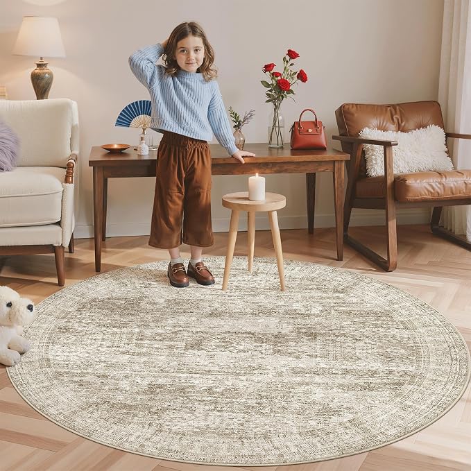 Soalmost 6x6 Brown Round Rug 6ft Living Room Circle Rug Vintage Round Area Rug