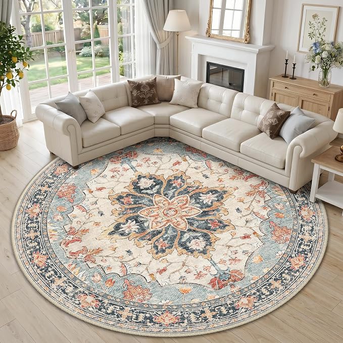 RELEANY Area Rugs Round 10ft Washable Non-Slip, Floral Vintage Distress