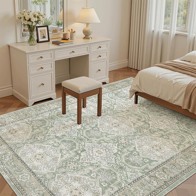 Soalmost 5x7 Area Rugs Green/Brown Low Pile Indoor Washable Trendy Faded Style