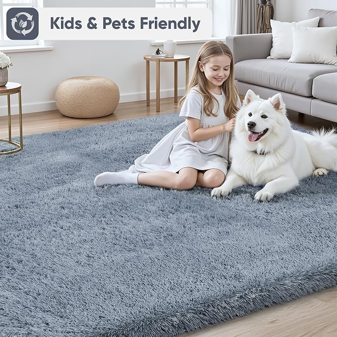 Area Rug for Living Room Bedroom: 8x10 Grey Soft Fluffy Shag Upgrade Non-Slip