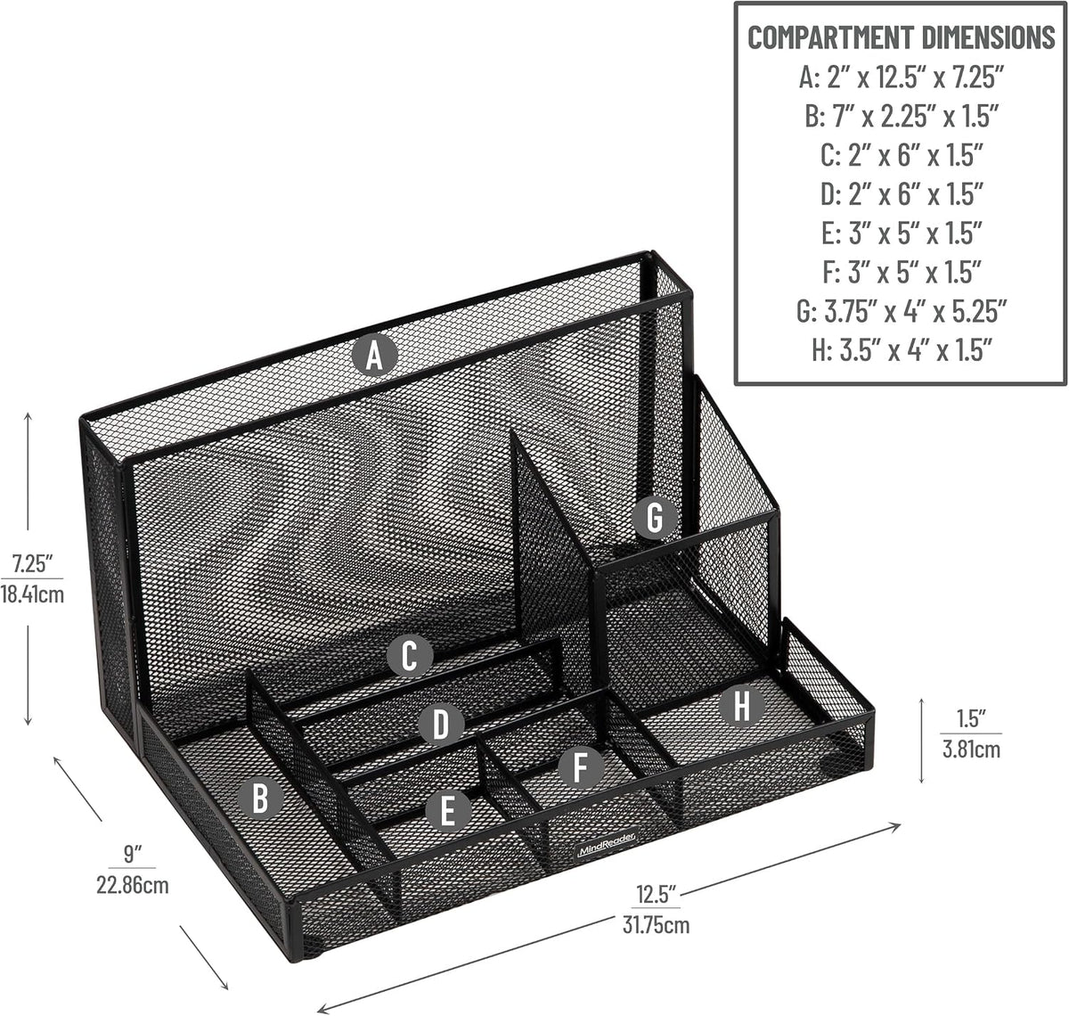 Mind Reader Desktop Organizer with Office Supplies Included, Vertical File, Storage, Metal, 12.5"L x 9"W x 7.25"H, Black