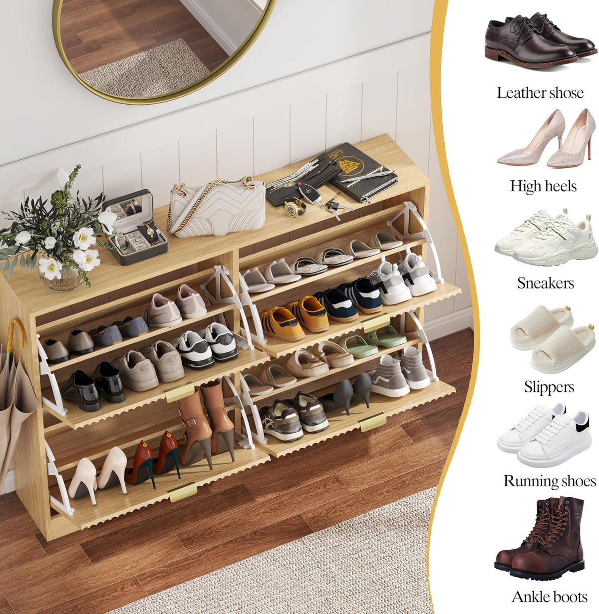HUANLEGO Shoe Cabinet Storage for Entryway with 4 Flip Drawer, Oak