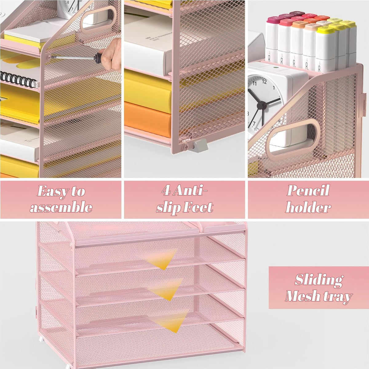 5 Tier Mesh Desk Organizer with Pen Holder and Handle Letter Tray