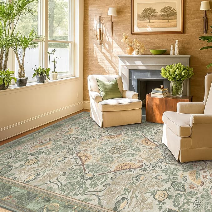 Hazo Haus 5x8 Vintage Sage Green Area Rug, Washable Botanical Bird Pattern Rug
