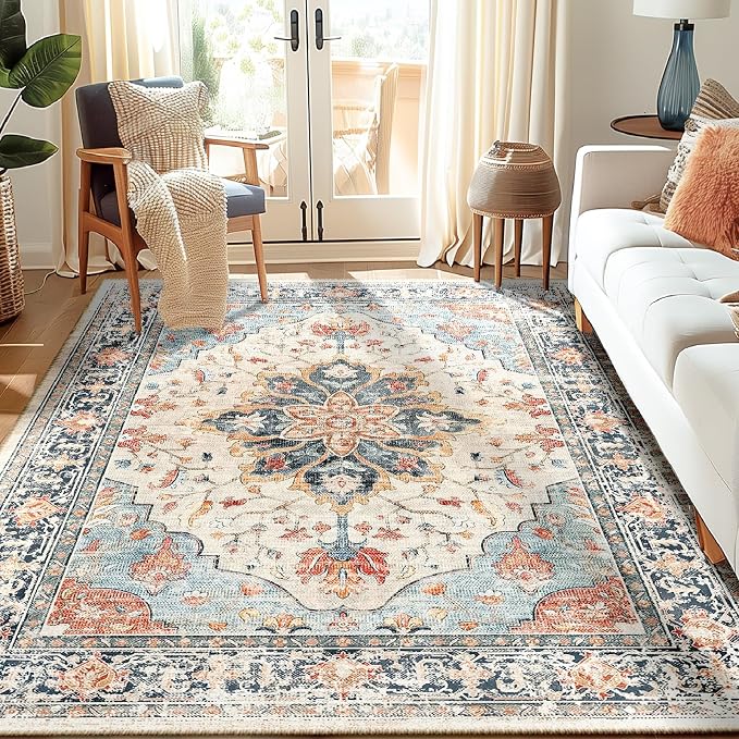 RELEANY Area Rugs 5'x7' Washable Non-Slip, Floral Vintage Distress Medallion