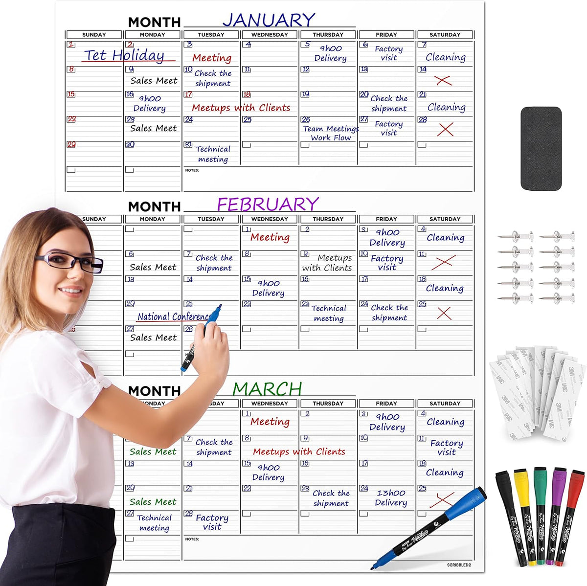 Large 36"x48" Quarterly White Board Calendar Dry Erase Calendar for Wall 3 Month Big Dry Erase Wall Calendar Monthly Dry Erase Board Planner Includes 6 Markers Eraser Push Pins & Mounting Tape